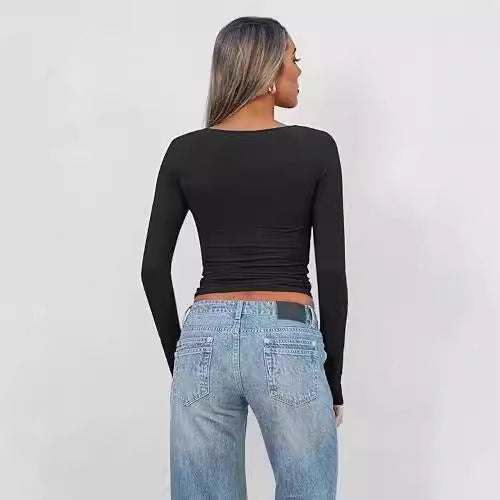Women’s Fitted Long Sleeve Top with Deep V-Neck and Twist Detail Chichicherry