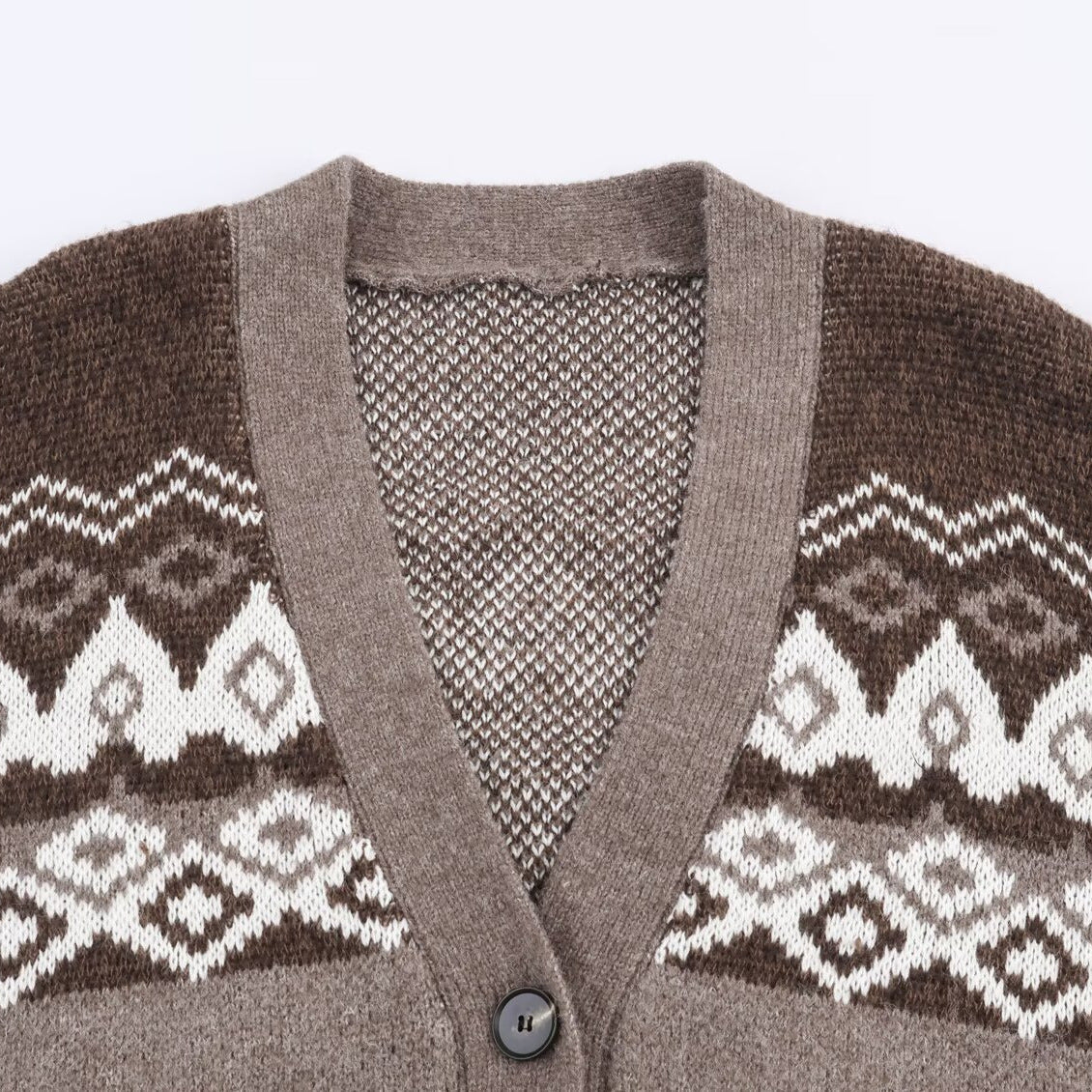 Women's Oversized Knit Cardigan with Jacquard Pattern and V-Neck Chichicherry