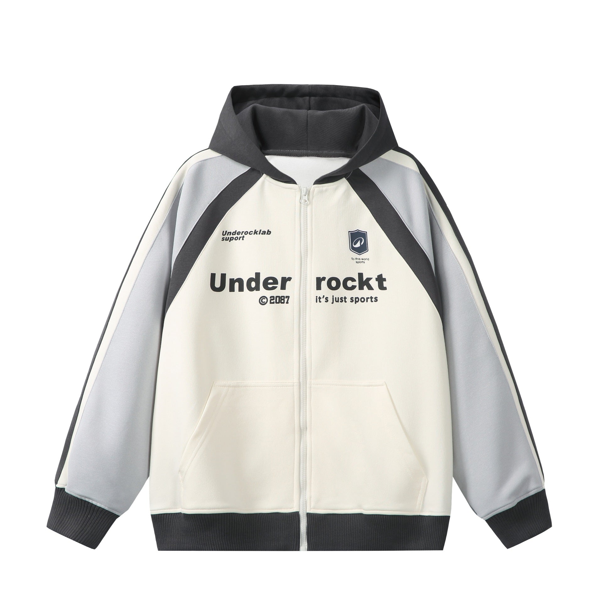 Unisex Hooded Zip Jacket in Retro Sports Style with Color Block Inserts and Kangaroo Pocket Chichicherry