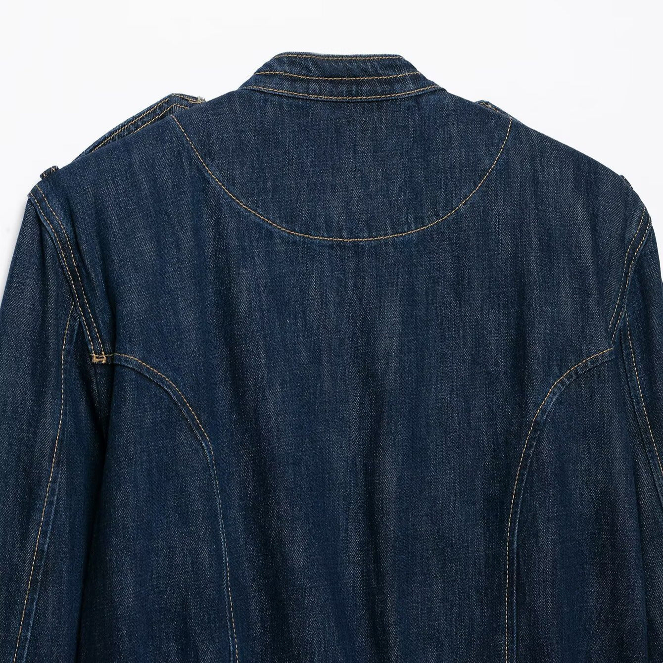 Women's Cropped Denim Field Jacket with Decorative Double Row and Stand-Up Collar Chichicherry