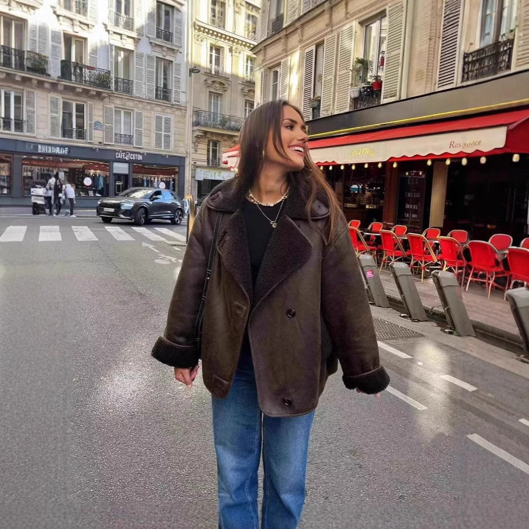 Women Short Cut Faux Sheepskin Bomber with Teddy Lining and Button Closure Chichicherry