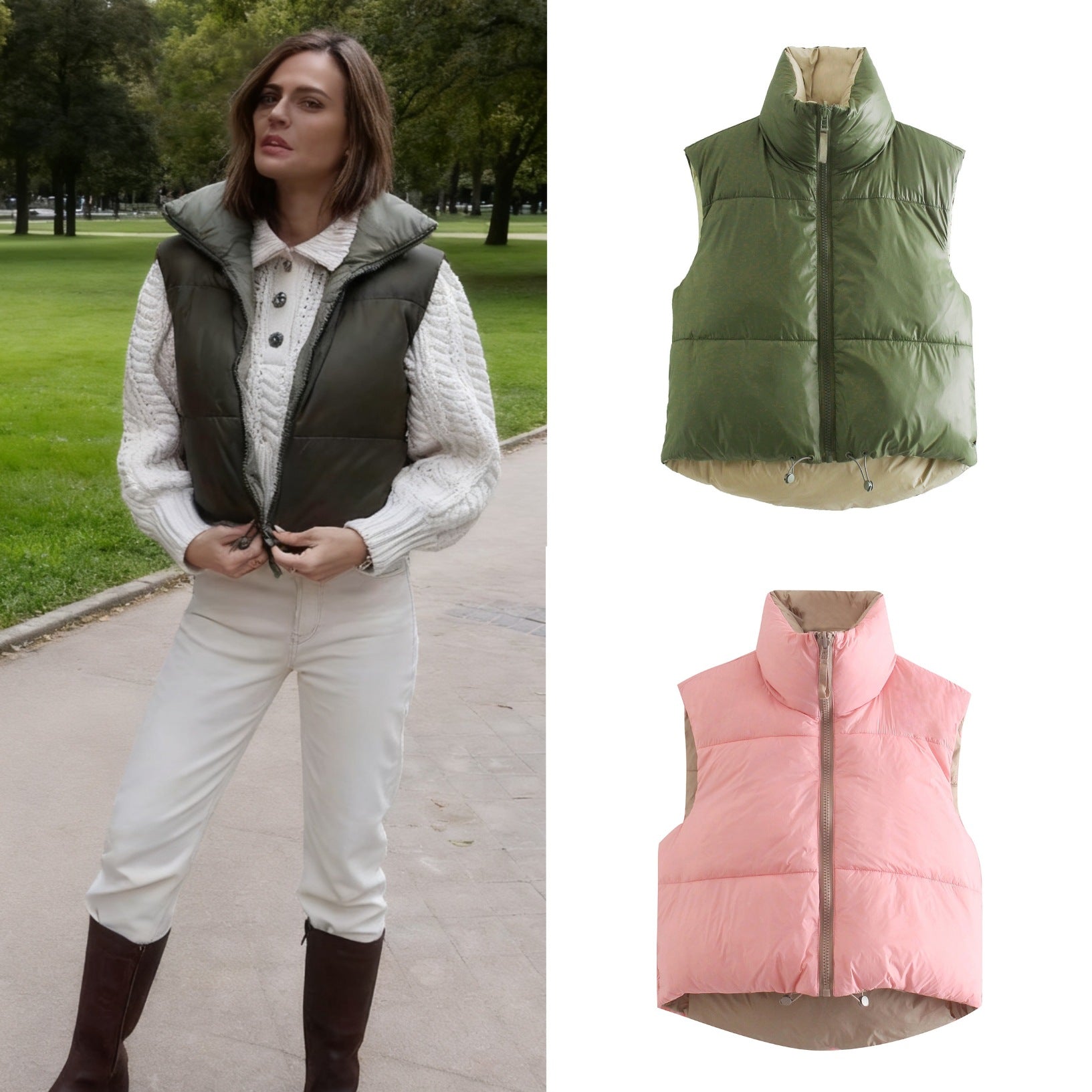 Women's short-cut quilted vest with high stand-up collar and extended back Chichicherry