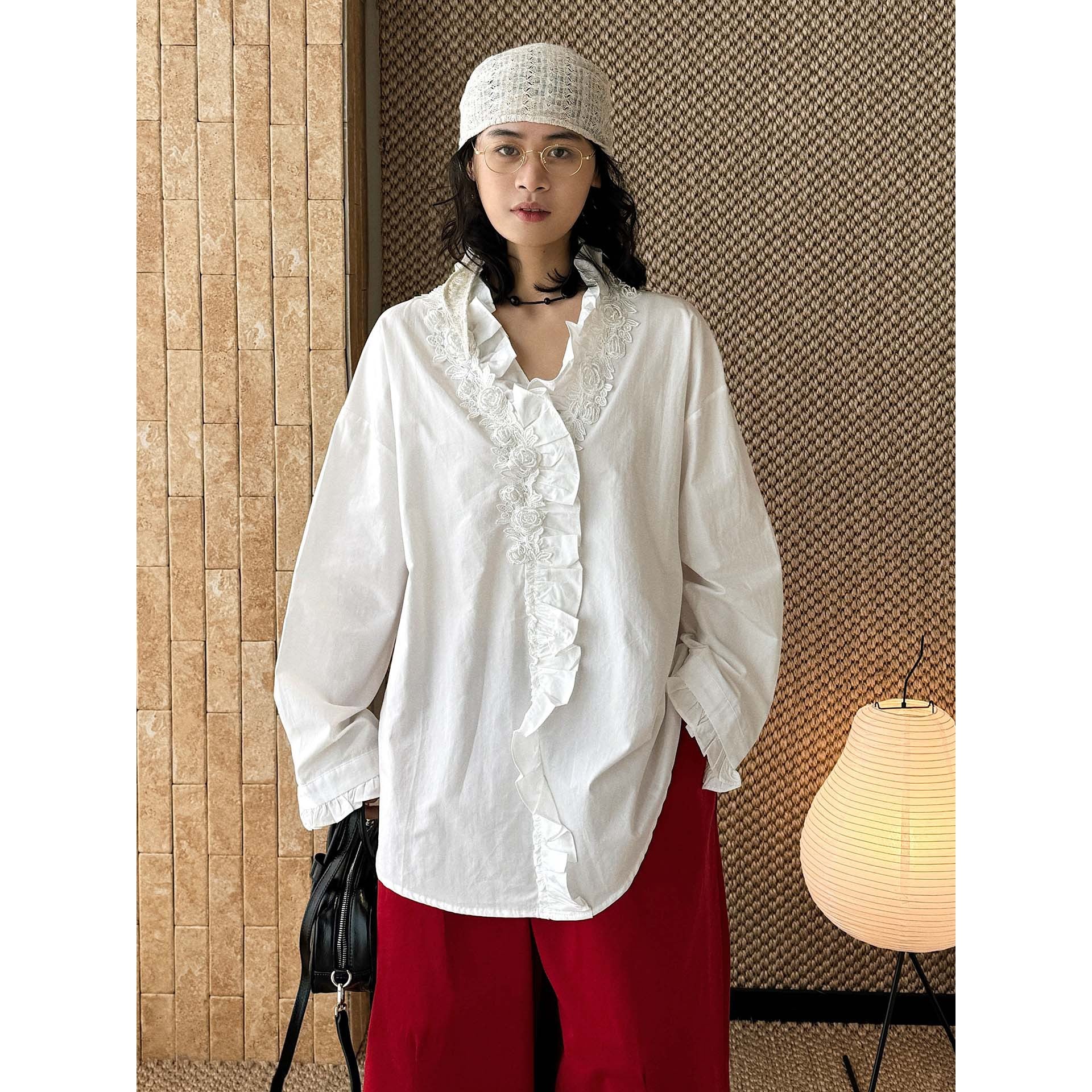 Women Oversize Blouse with Ruffle Trim and Lace Trim Chichicherry