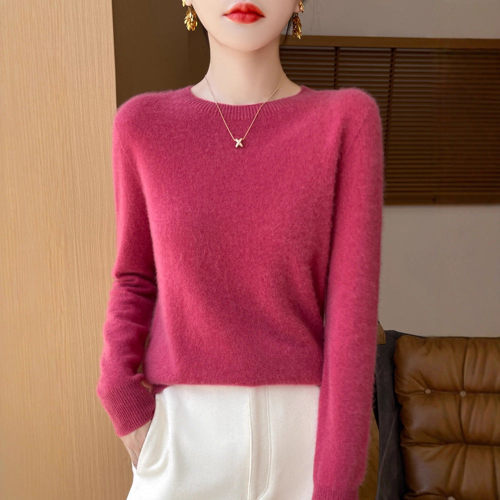 Women's Soft Mohair-Effect Round Neck Sweater with Fine Ribbed Hem and Light Oversize Fit Chichicherry