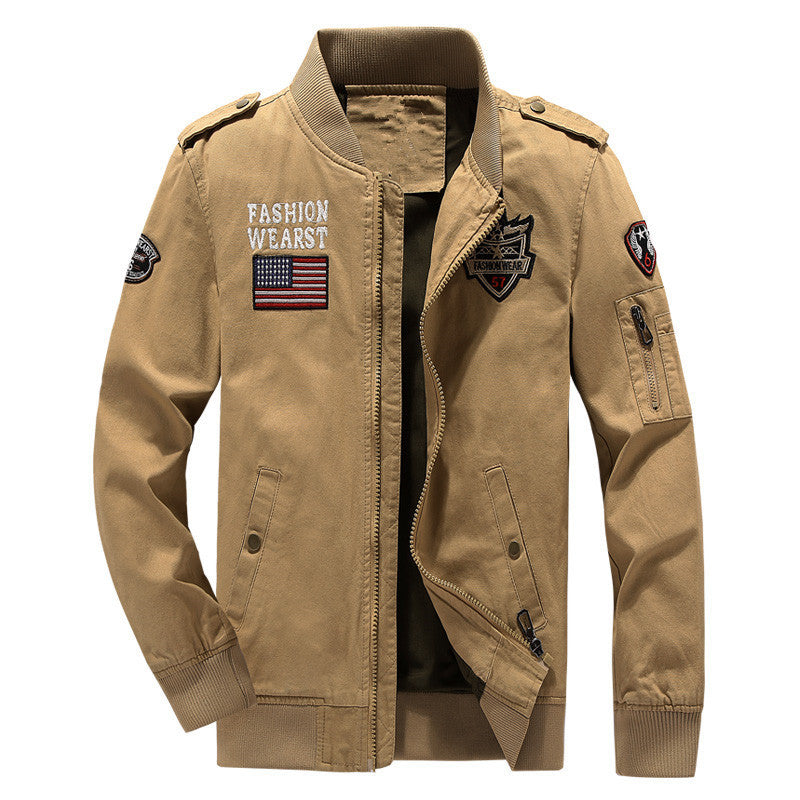 Men's Canvas-Field-Bomber Jacket with Embroidered Patches and Sleeve Utility Pocket Chichicherry