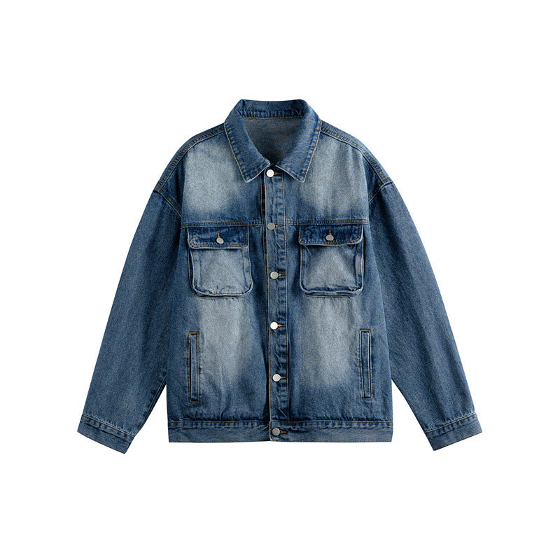 Men's Oversized Denim Jacket with Distressed Wash, Flap Chest Pockets and Button Closure Chichicherry