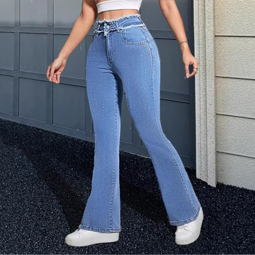 Women's High-Waisted Flared Jeans with Frayed Waistband and Center Stitch Chichicherry