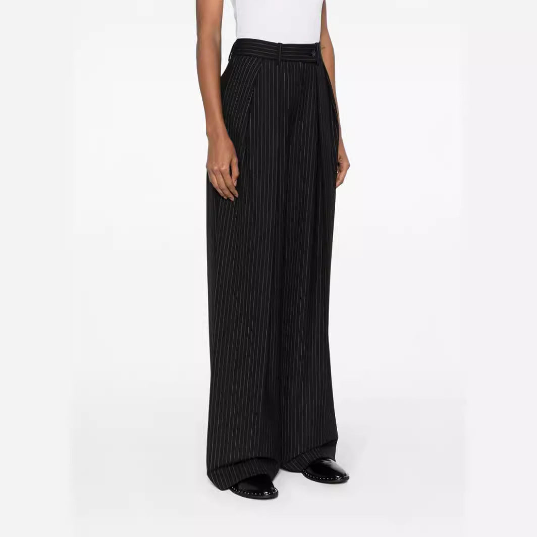 Women's Two-Piece Pinstripe Suit with Oversized Double-Breasted Design and Wide Pleated Trousers Chichicherry