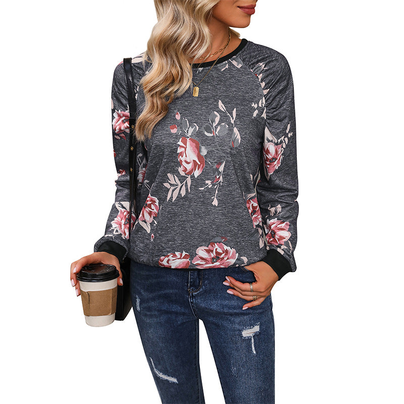 Women's Casual Raglan Sweatshirt with Floral Vintage Pattern and Ribbed Cuffs Chichicherry