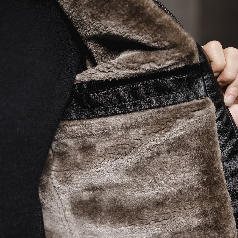 Men's Leather-Look Pilot Jacket with Teddy Collar and Concealed Zip Chichicherry