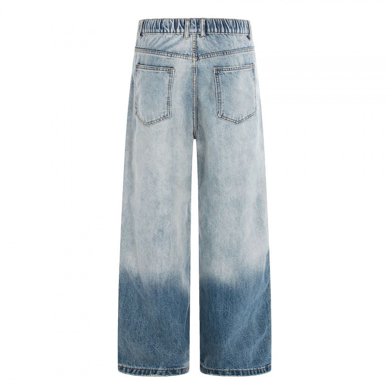 Women's Wide High-Waist Denim Jeans with Ombre Hem and Elastic Back Chichicherry