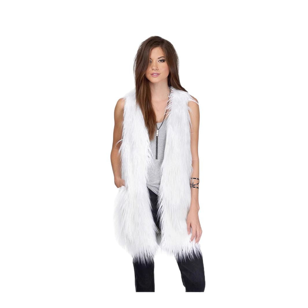 Ladies long sleeveless shaggy faux fur vest with concealing A-line and soft high-pile chichicherry