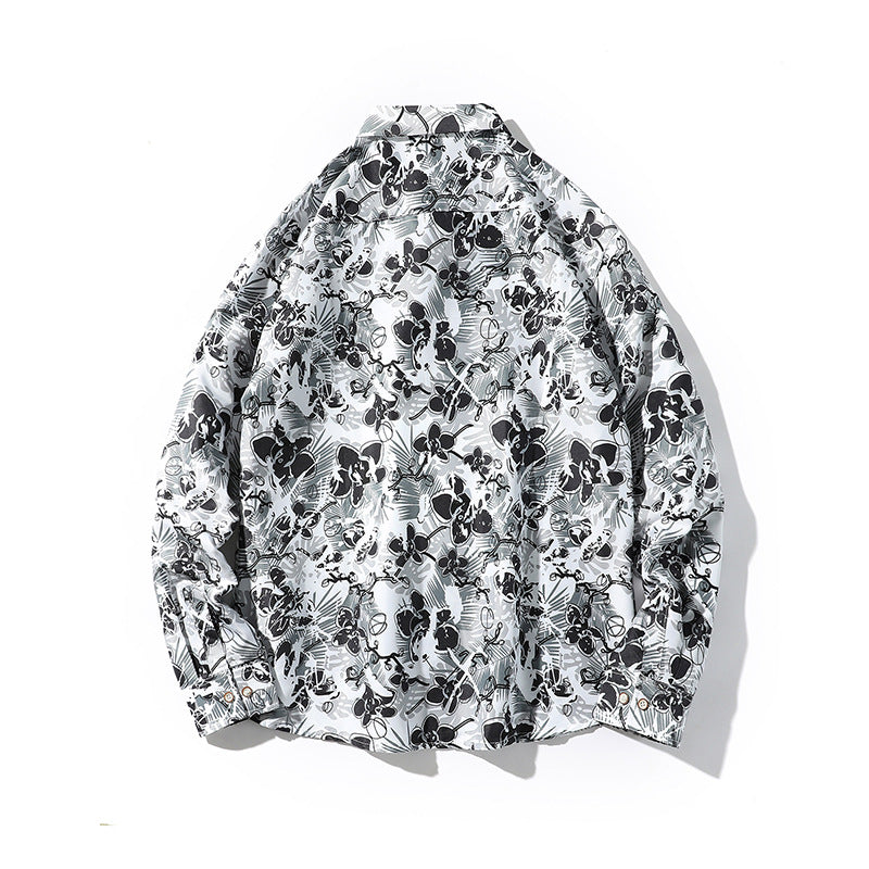 Men's Oversize Button-Up Shirt with Graphic Allover Print and Loose Relaxed Fit Chichicherry
