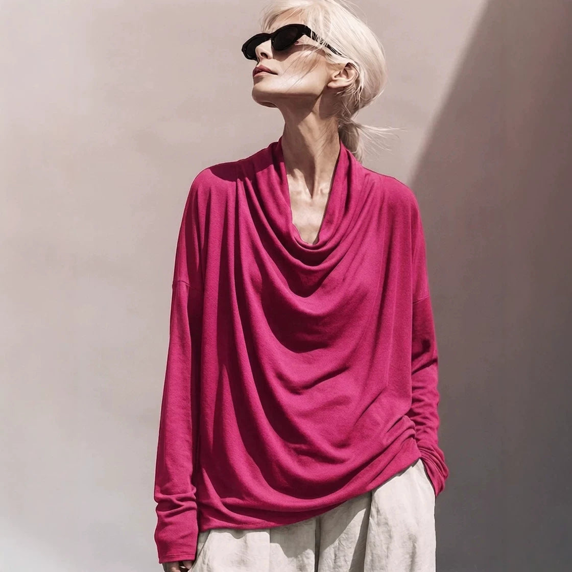 Women's Draped Oversized Long Sleeve Shirt with Waterfall Collar Chichicherry