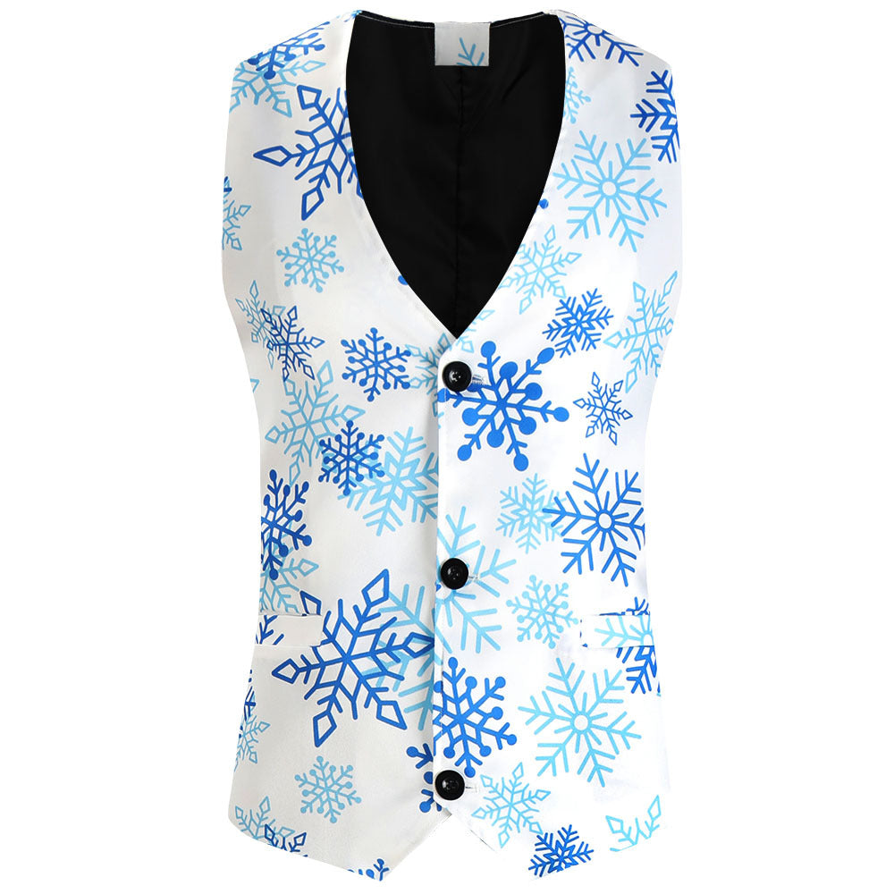 Men's Christmas three-piece suit set with jacket, vest, and trousers in all-over reindeer-tree pattern Chichicherry