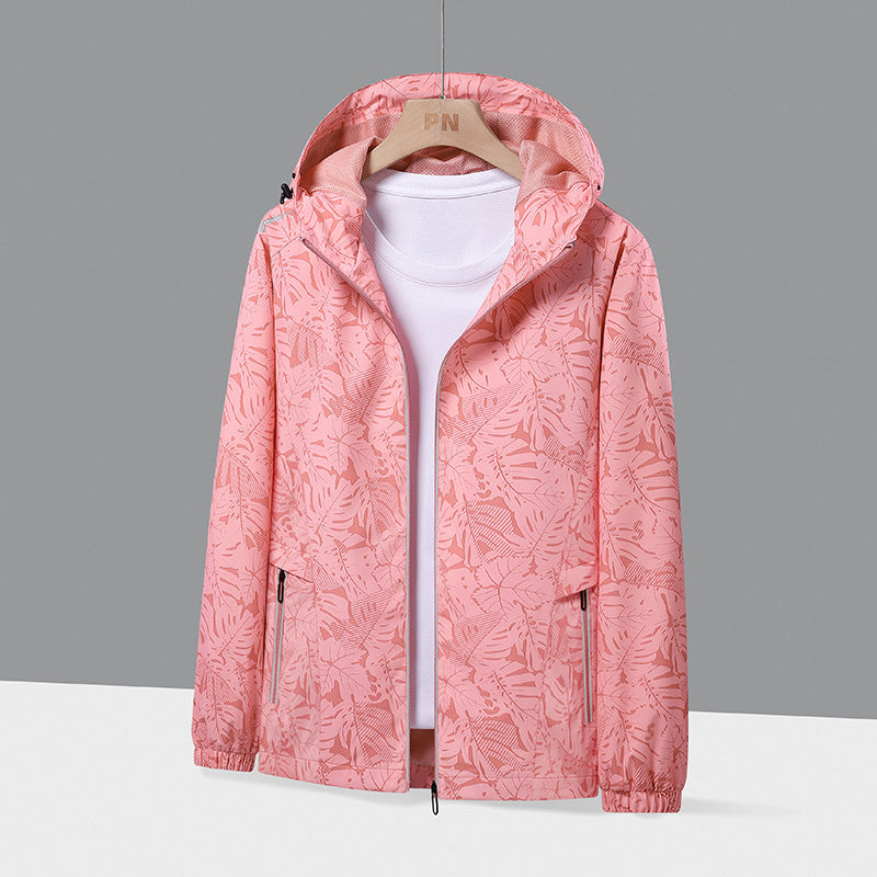 Men's Lightweight Hooded Windbreaker with Botanical Allover Print and Elastic Cuffs Chichicherry