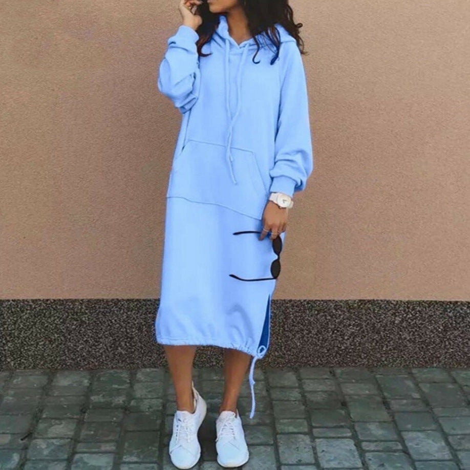 Women's Oversize Hoodie-Midi Dress with Drawstring Hem and Side Slit Details Chichicherry