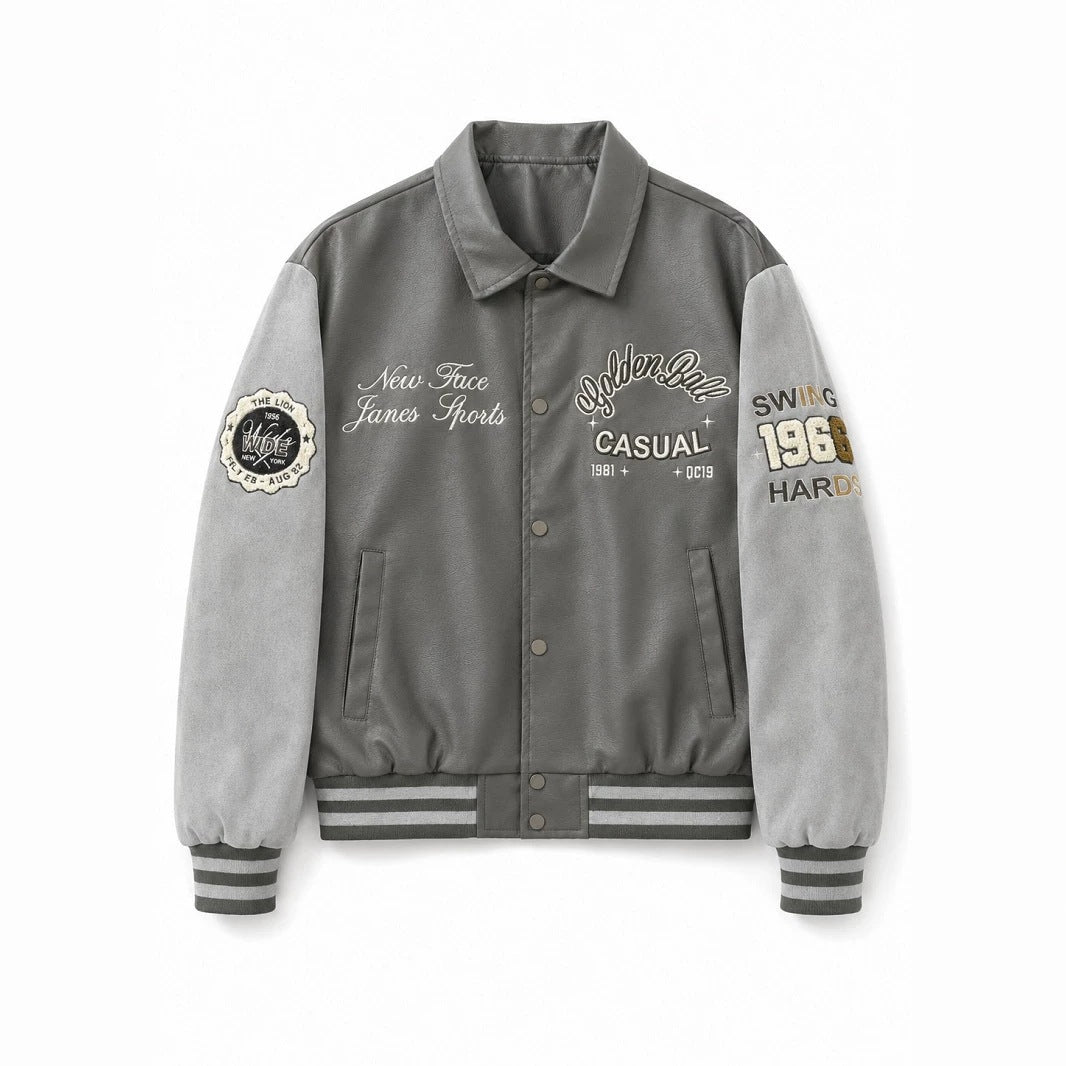 Men's varsity bomber jacket in collegiate style with faux leather body, suede look sleeves and embroidered patches Chichicherry