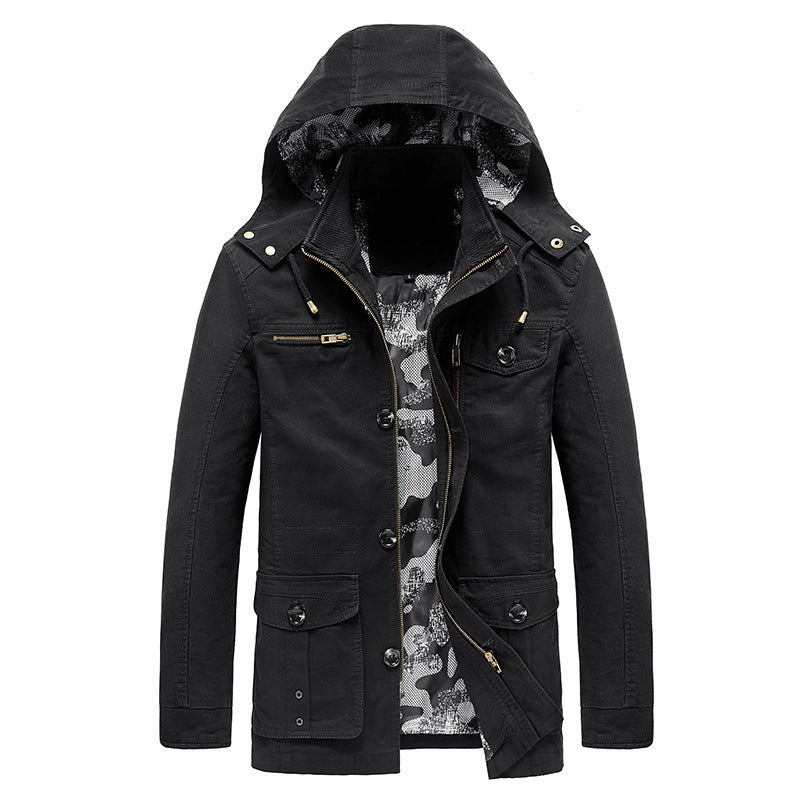 Men's Hooded Canvas Field Jacket with Camouflage Lining, Multifunctional Pockets and Zipper Button Placket Chichicherry