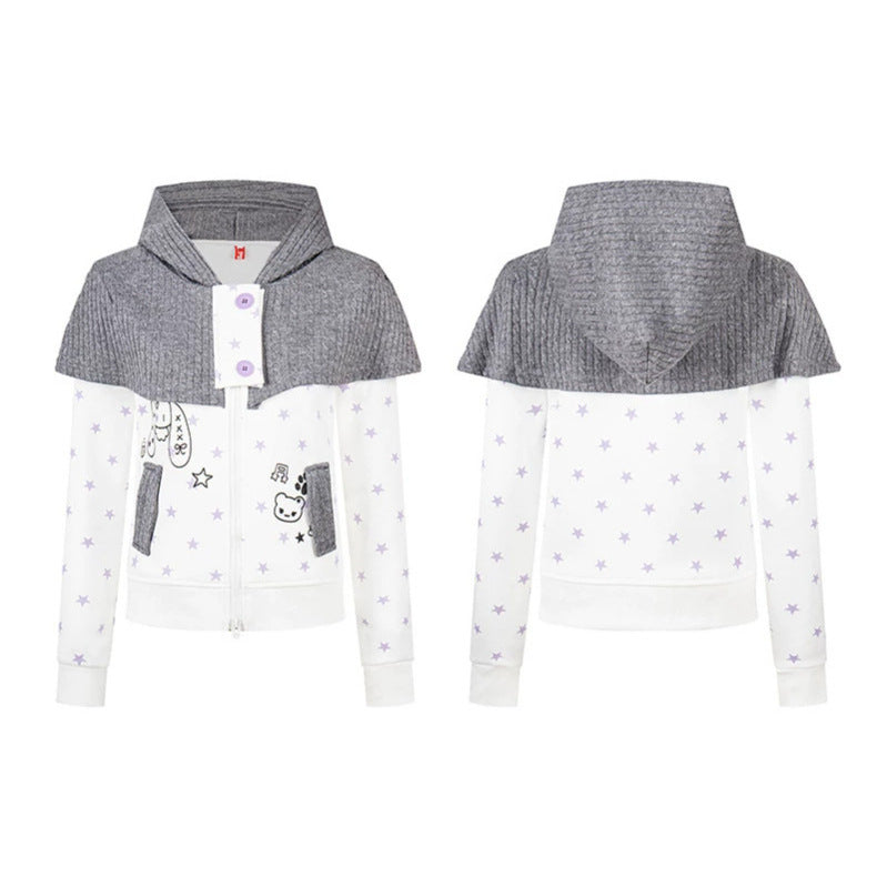 Women's hooded sweatshirt jacket with removable knitted cape, star print and front zipper Chichicherry
