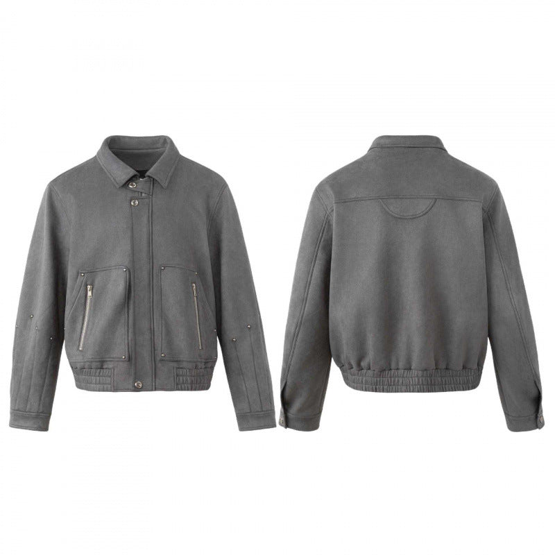 Men's short cut boxy blouson in suede look with patch zip pockets and metal detail Chichicherry