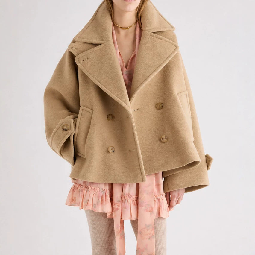 Women's Short Cut Oversized Peacoat made of Wool Blend with Wide Lapel Chichicherry