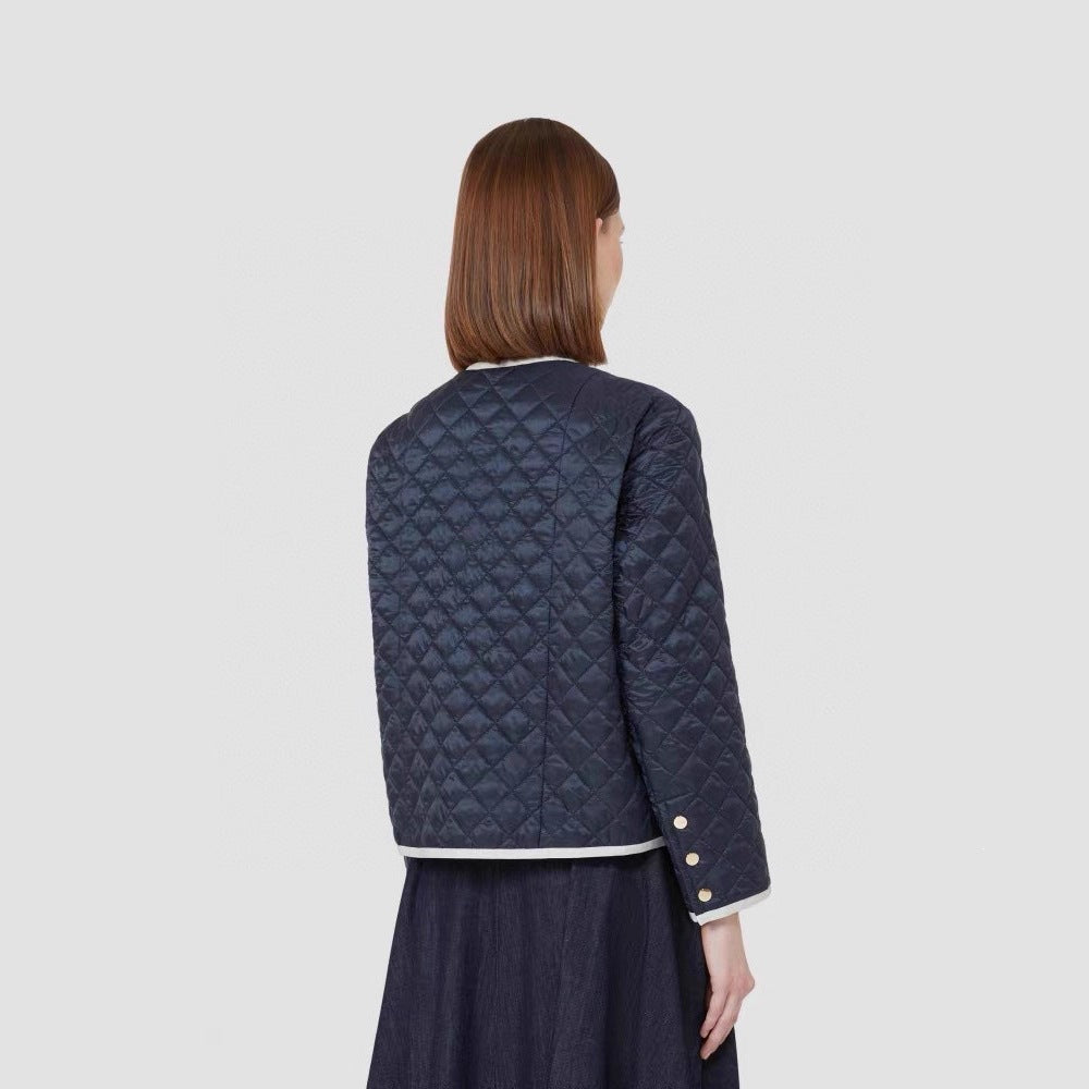 Women Lightly Quilted Short Jacket without Collar with Contrast Piping and Full-Length Zipper Chichicherry