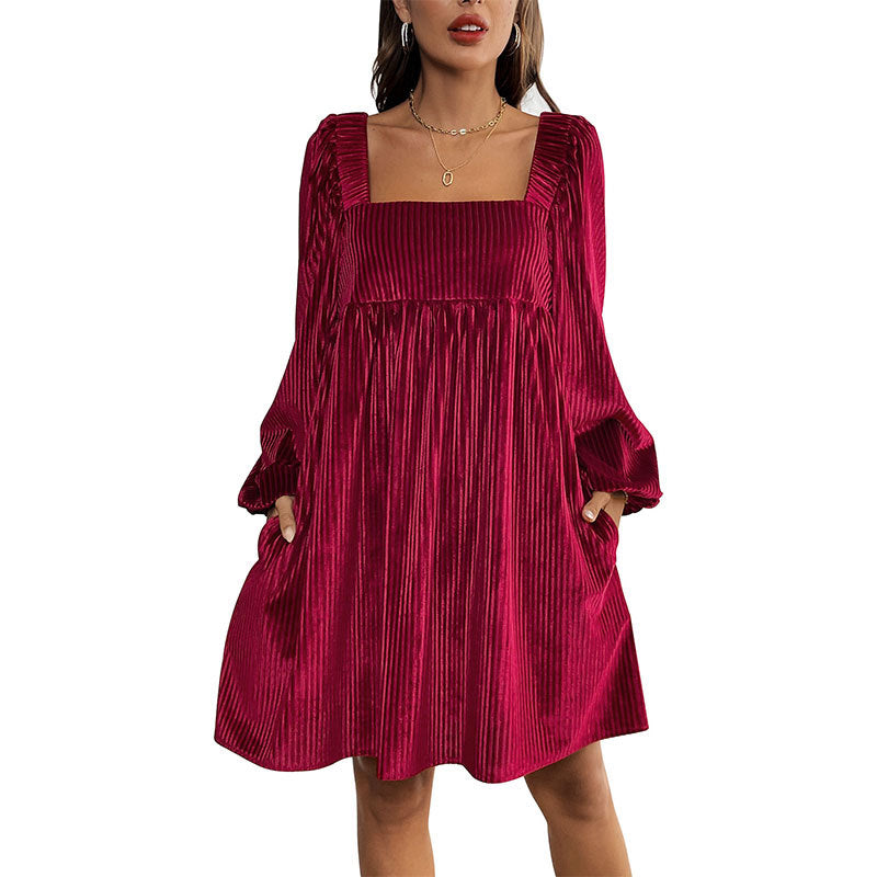 Women's velvety pleated babydoll dress with square neckline, balloon sleeves, and side pockets Chichicherry