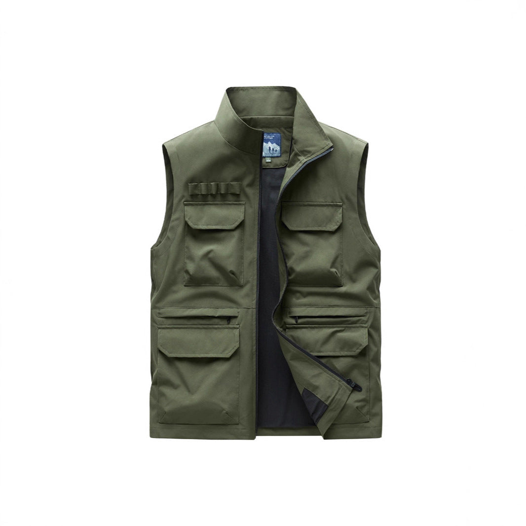 Men's Outdoor Utility Vest with eight multifunctional pockets, durable cotton blend, and wind protection collar Chichicherry