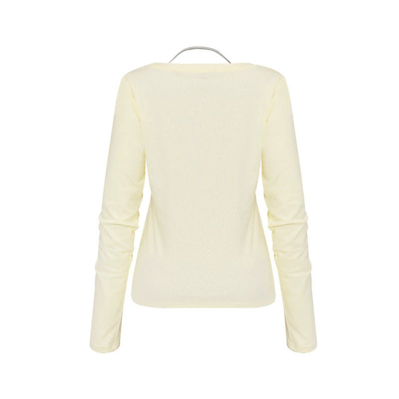 Women's long sleeve shirt with double layer effect, deep V-neck and striped insert Chichicherry