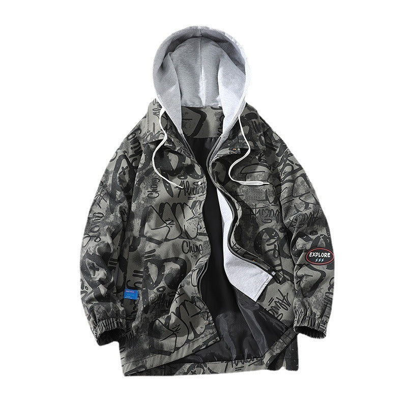 Men's Graffiti Print Hooded Parka with Zip-In Fleece Inner Layer Chichicherry