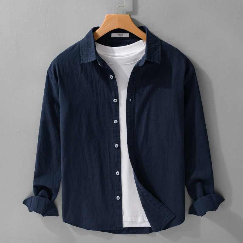 Men's Lightweight Crinkle Linen Cotton Shirt in Layering Style with Kent Collar Chichicherry