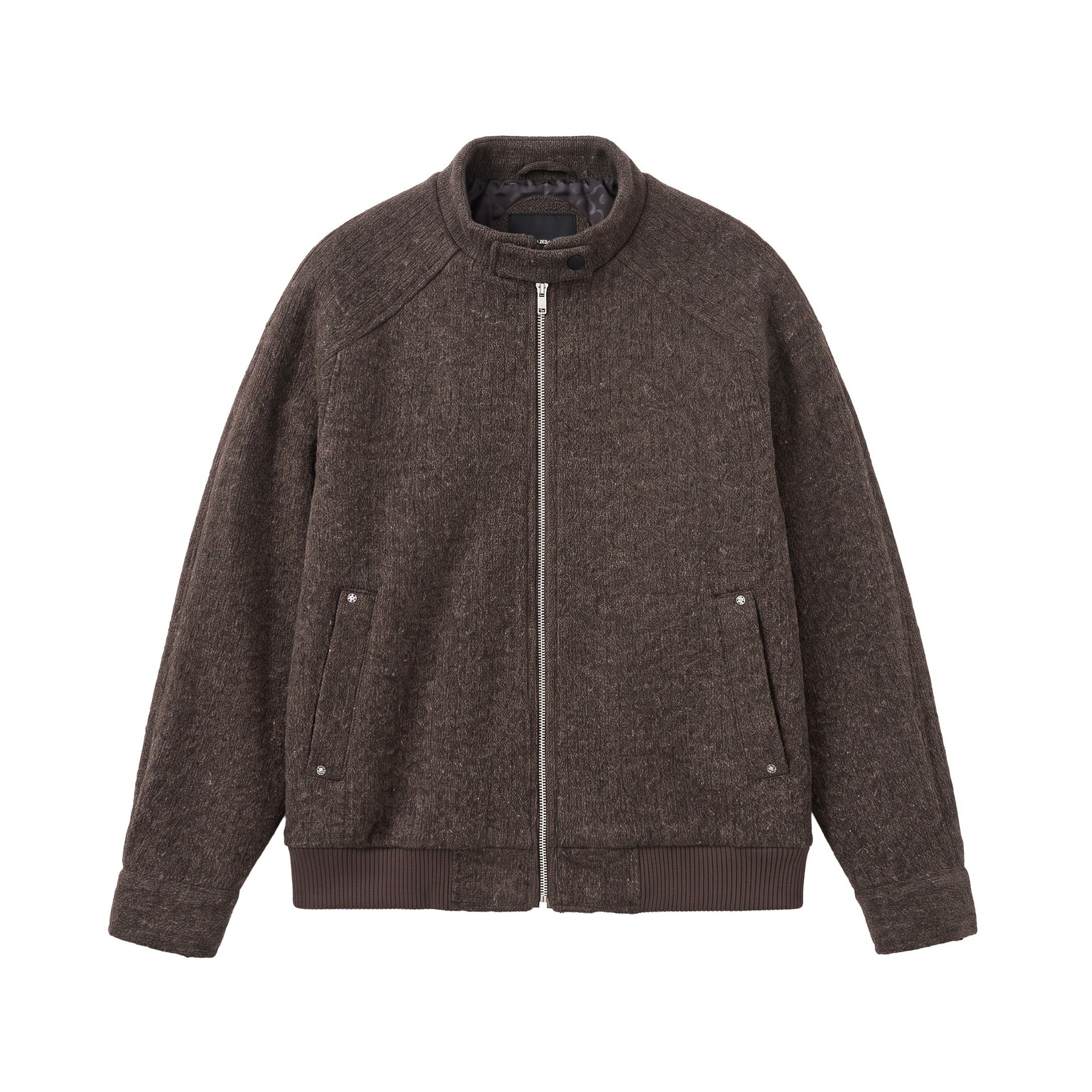 Men's Short Boxy Wool Mix Bomber with Stand-Up Collar and Ribbed Hem Chichicherry