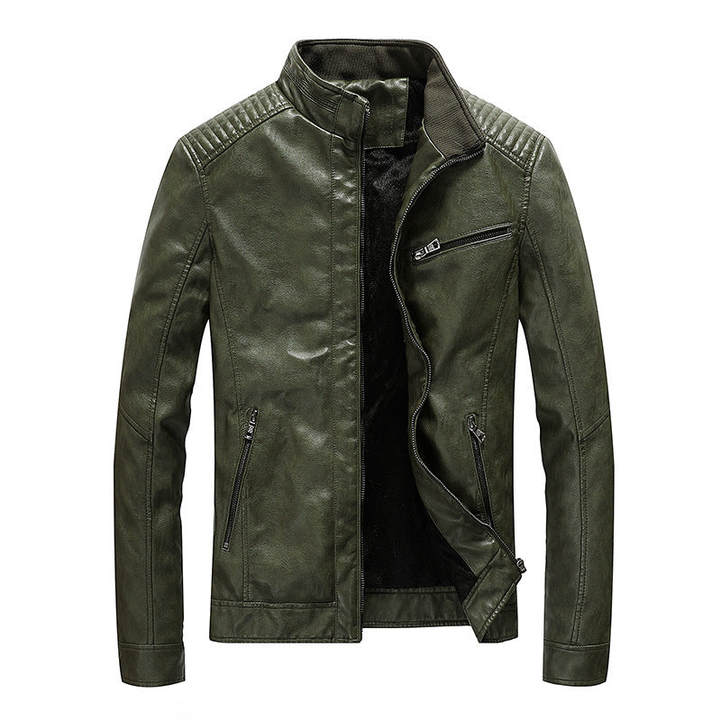 Men's Faux Leather Moto Jacket with Stand Collar, Shoulder Padding, and Zipper Pockets Chichicherry