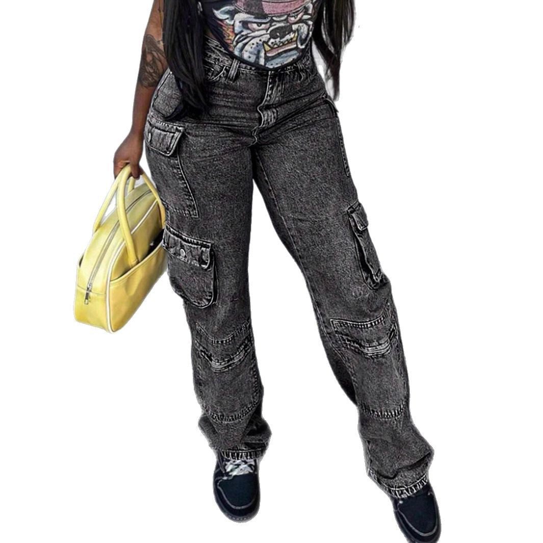 Women's Cargo Denim Pants with High Waist, Loose Baggy Cut and Functional Flap Pockets Chichicherry