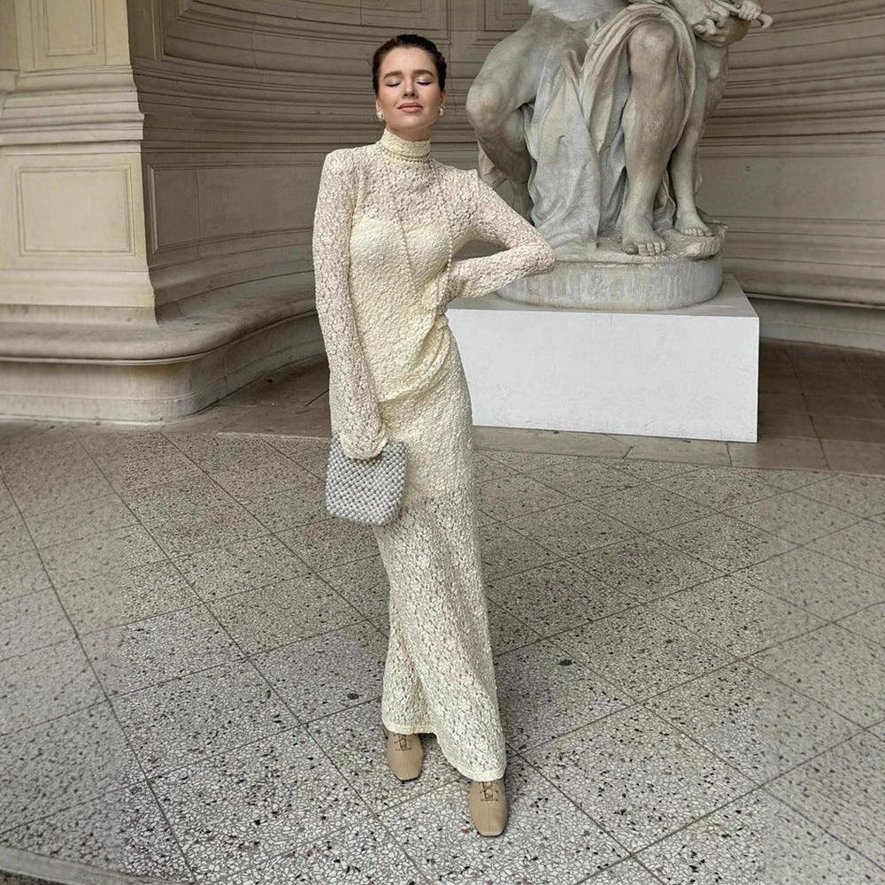 Women Elegant form-fitting Maxi dress made of lace with a stand-up collar and trumpet sleeves Chichicherry