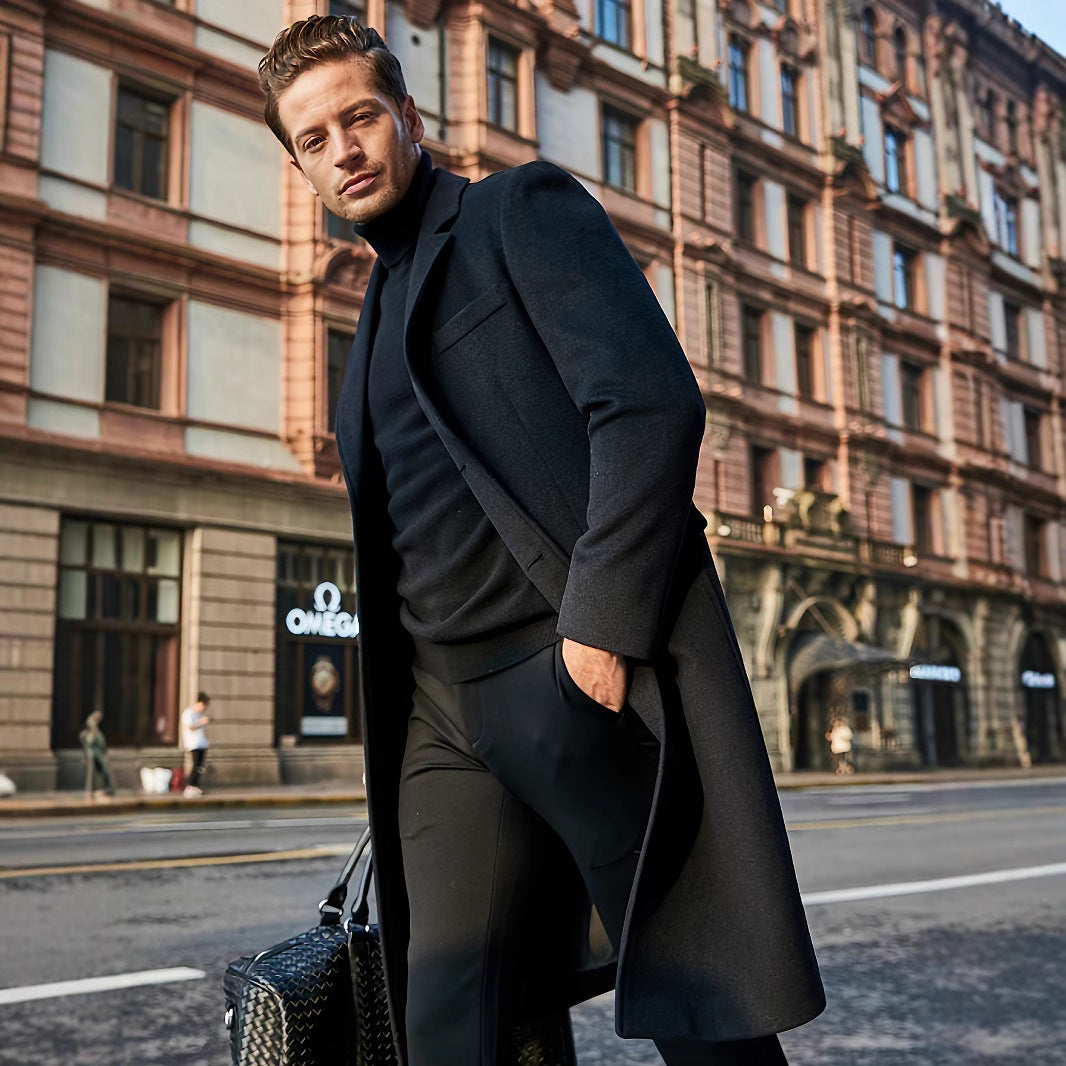 Men's Tailored Wool Blend Coat in Classic Single-Breasted Style Chichicherry