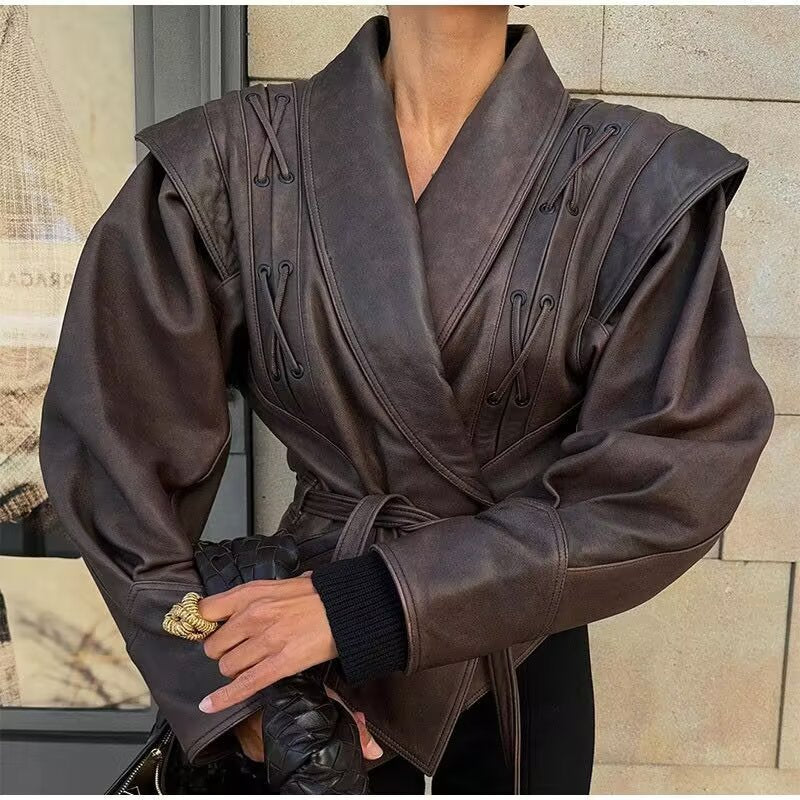 Women's short jacket made of suede imitation with wrap belt and lacing details Chichicherry