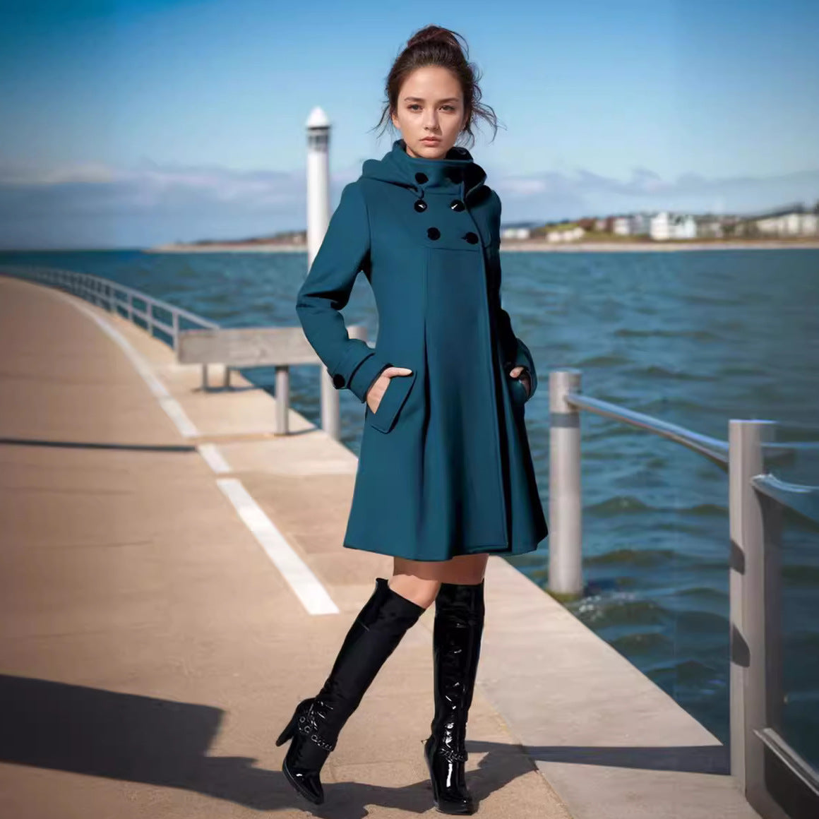 Women's A-line wool mix coat with high hood and double-button placket Chichicherry