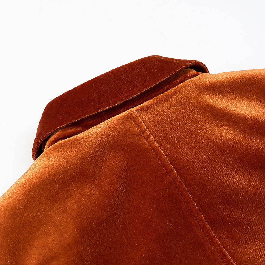 Women's short jacket in velvet look with shirt collar, applied flap pockets, and gold-colored decorative buttons Chichicherry