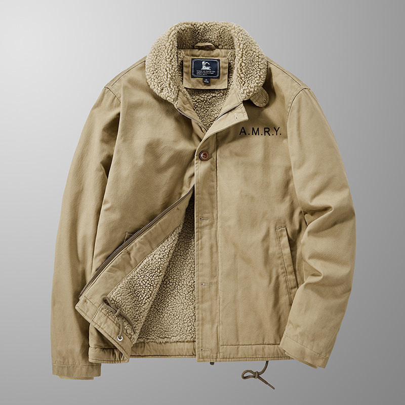 Men's canvas work jacket with Sherpa lining, thermal insulation, and drawstring hem Chichicherry