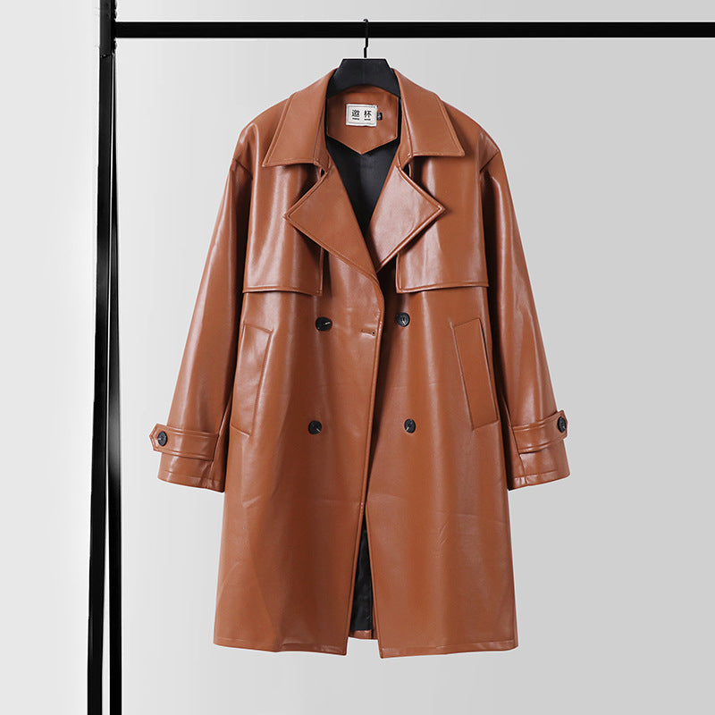 Men's Faux Leather Trench Coat with Double-Breasted, Oversized Cut and Cuff Straps Chichicherry