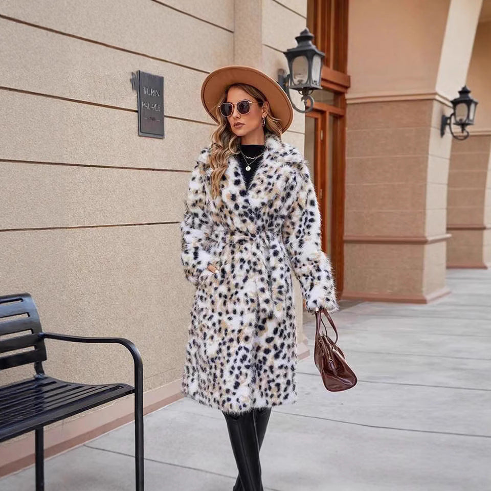 Ladies Midi Faux Fur Coat with Leopard Print, Tailored Tie Belt and Shawl Collar Chichicherry