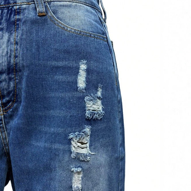 Women's High-Waisted Destroyed Denim Midi Skirt with Center Front Slit and Frayed Hem Chichicherry