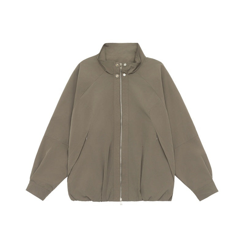 Women's Lightweight Raglan Bomber Jacket with Stand Collar and Elastic Hem Chichicherry