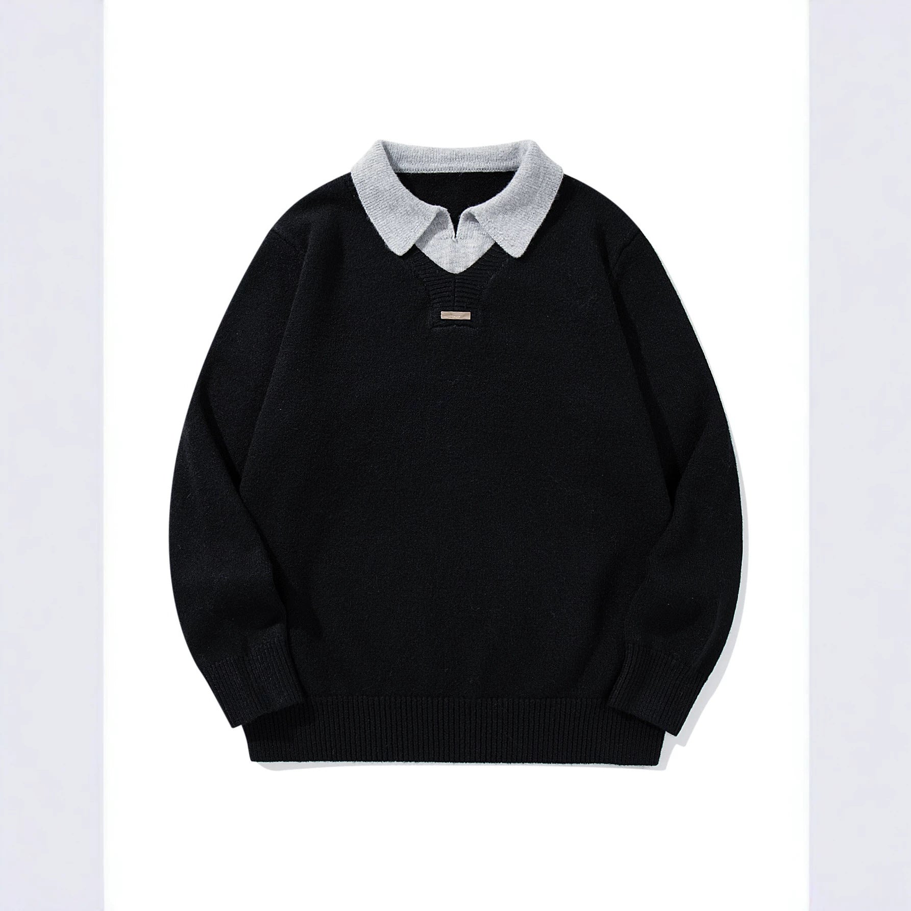 Men's Boxy Knit Sweater with Polo Collar and V-Inset Chichicherry