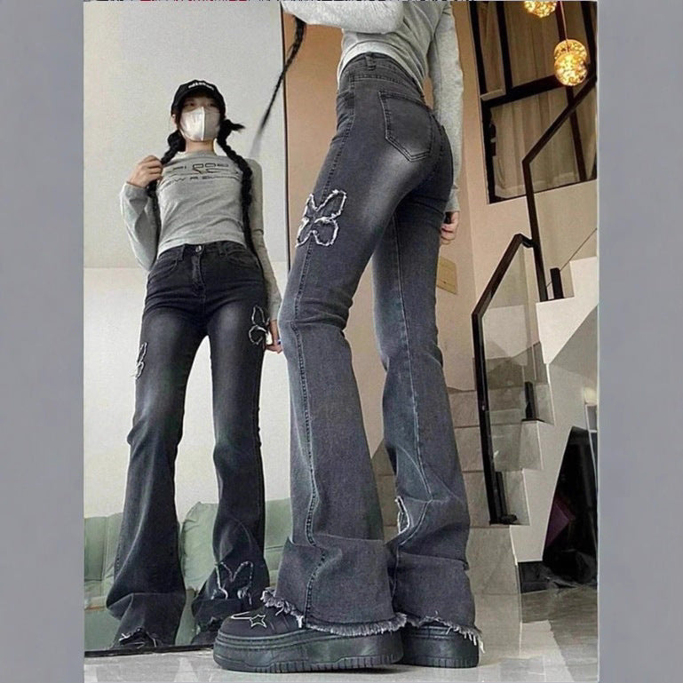 Ladies High-Waisted Flared Jeans with Butterfly Embroidery, Raw Hem and Sculpting Stretch Waistband Chichicherry