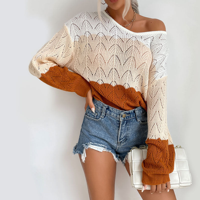 Women's Oversized Openwork Knit Sweater with Off-the-Shoulder Neckline, Balloon Sleeves, and Ribbed Hem