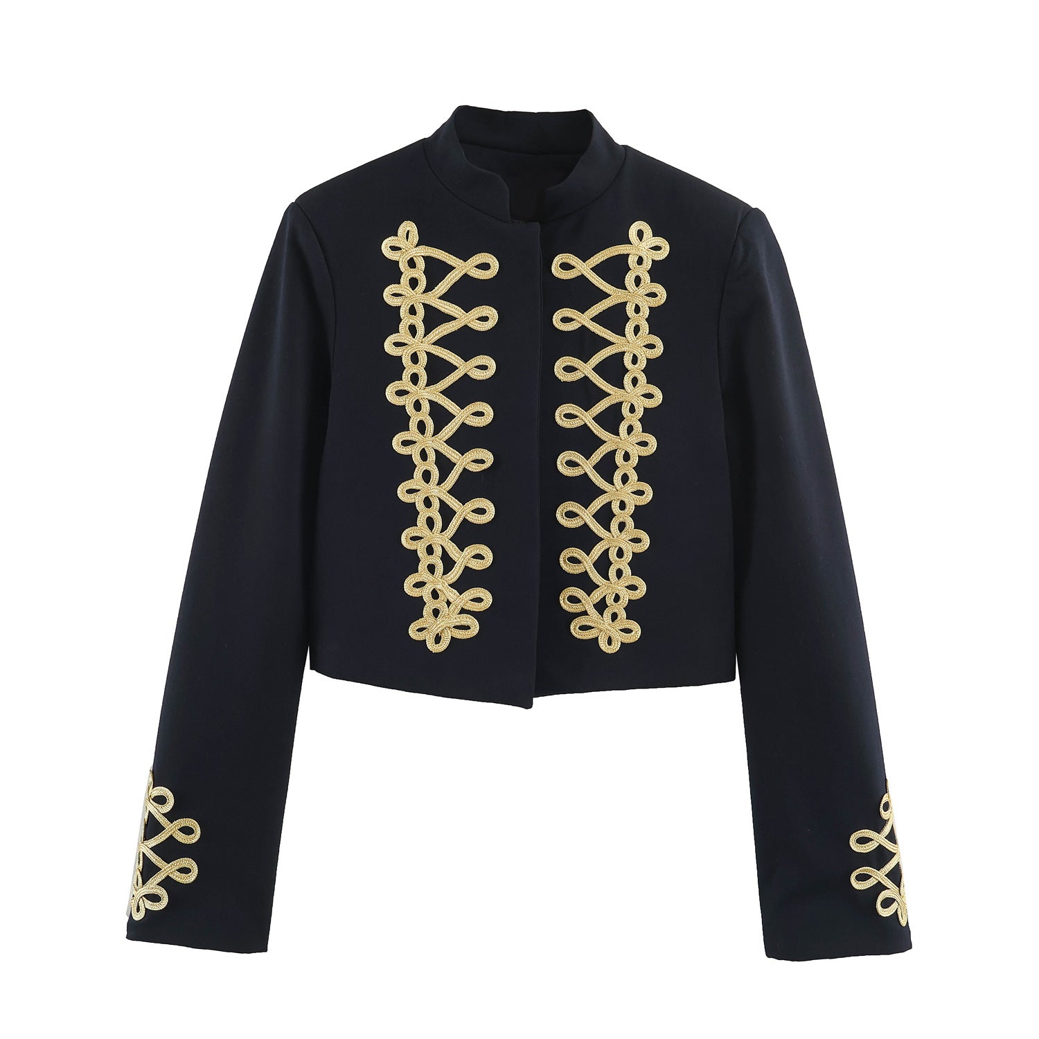 Women's Cropped Bolero Jacket with High Stand-Up Collar and Decorative Galloon Trim Chichicherry