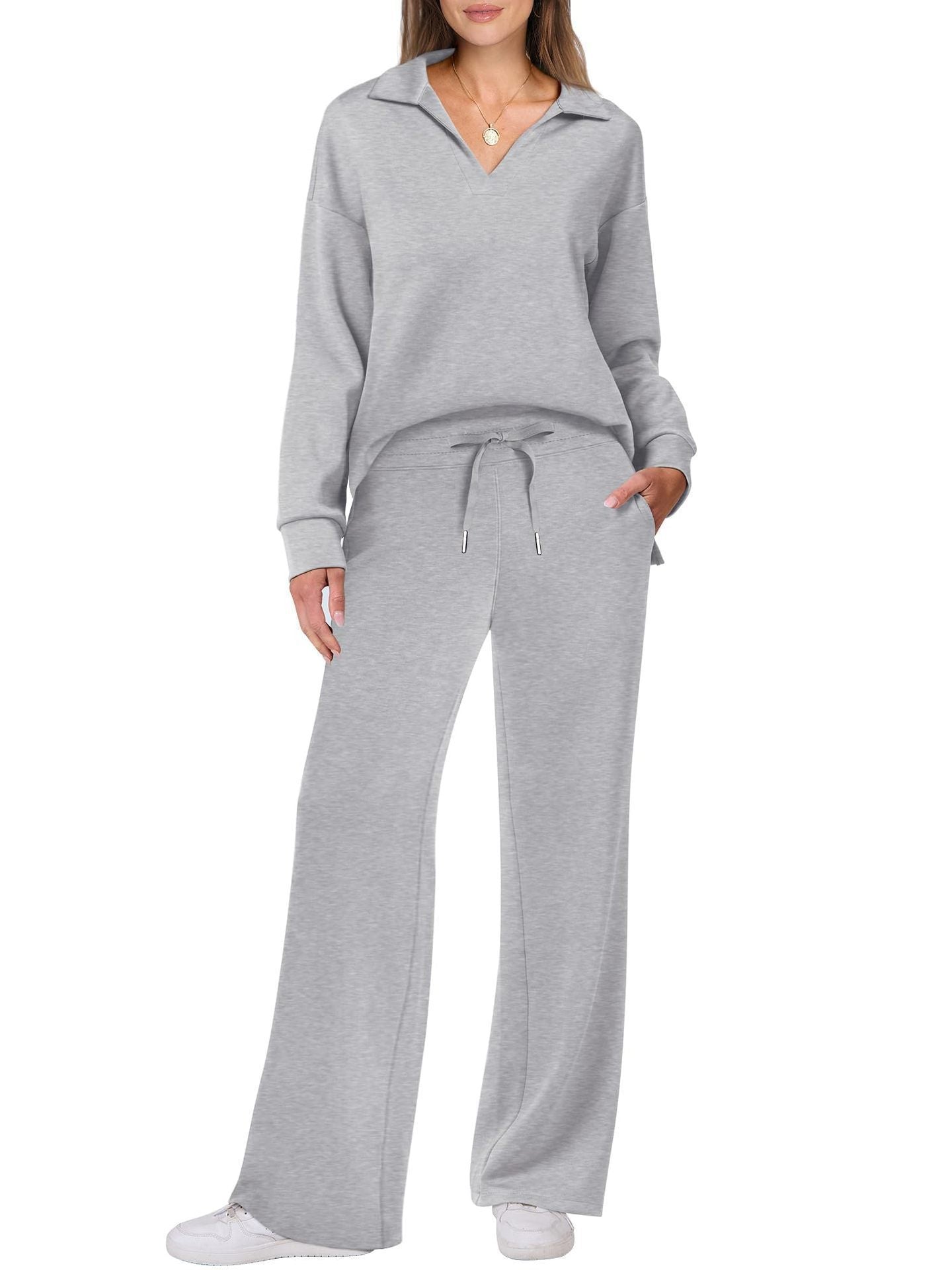 Women's Two-Piece Lounge Set with Polo Collar and V-Neck as well as Wide Drawstring Pants Chichicherry
